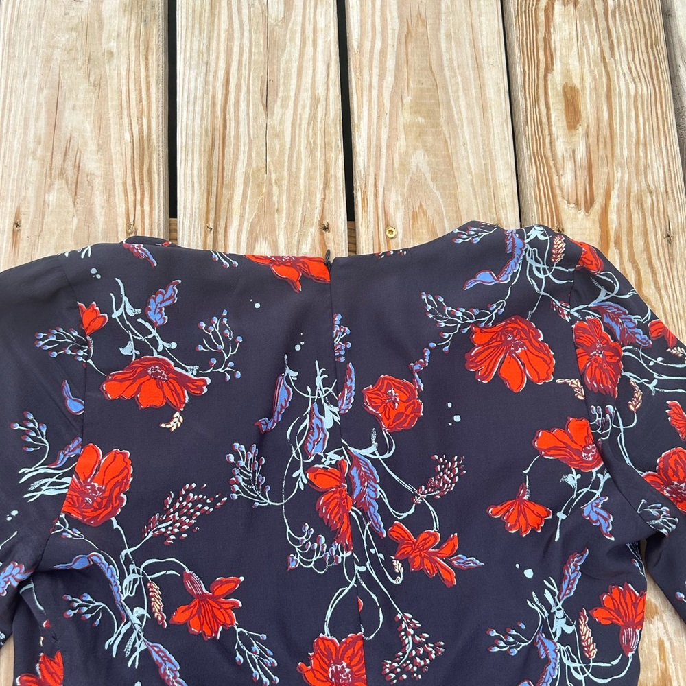 MADEWELL Silk Ruffle-Waist Dress in Windblown Poppies 3/4 sleeve mini SZ 12 EUC - Picture 14 of 15